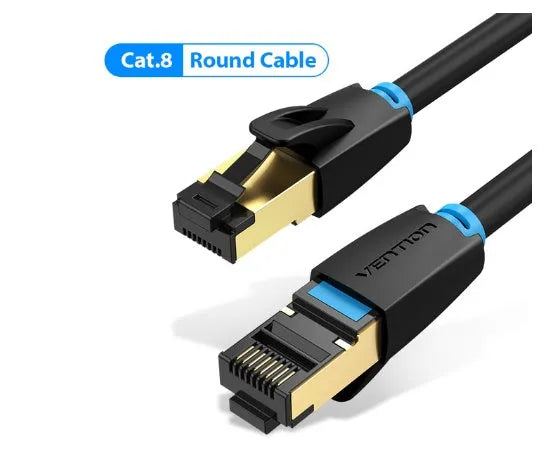 CAT8 shielded network cable with RJ45 connectors, shown in flat and round style options.