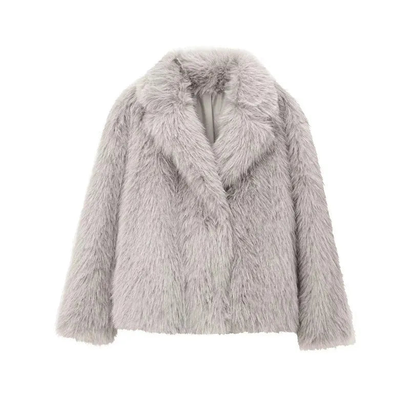 Women's white faux fur jacket with lapel collar and long sleeves shown on mannequin