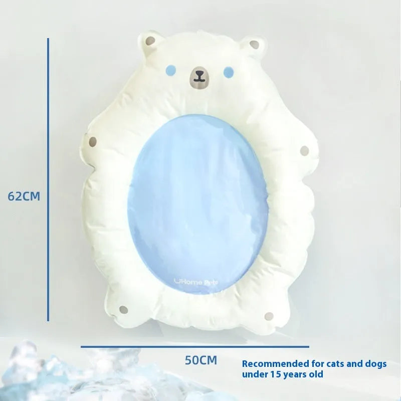 Plastic cat cooling mat 62x50x8cm in blue, used as a pet bed on a wire cage floor