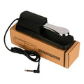 Black electronic keyboard sustain pedal with single-leg design on wooden floor