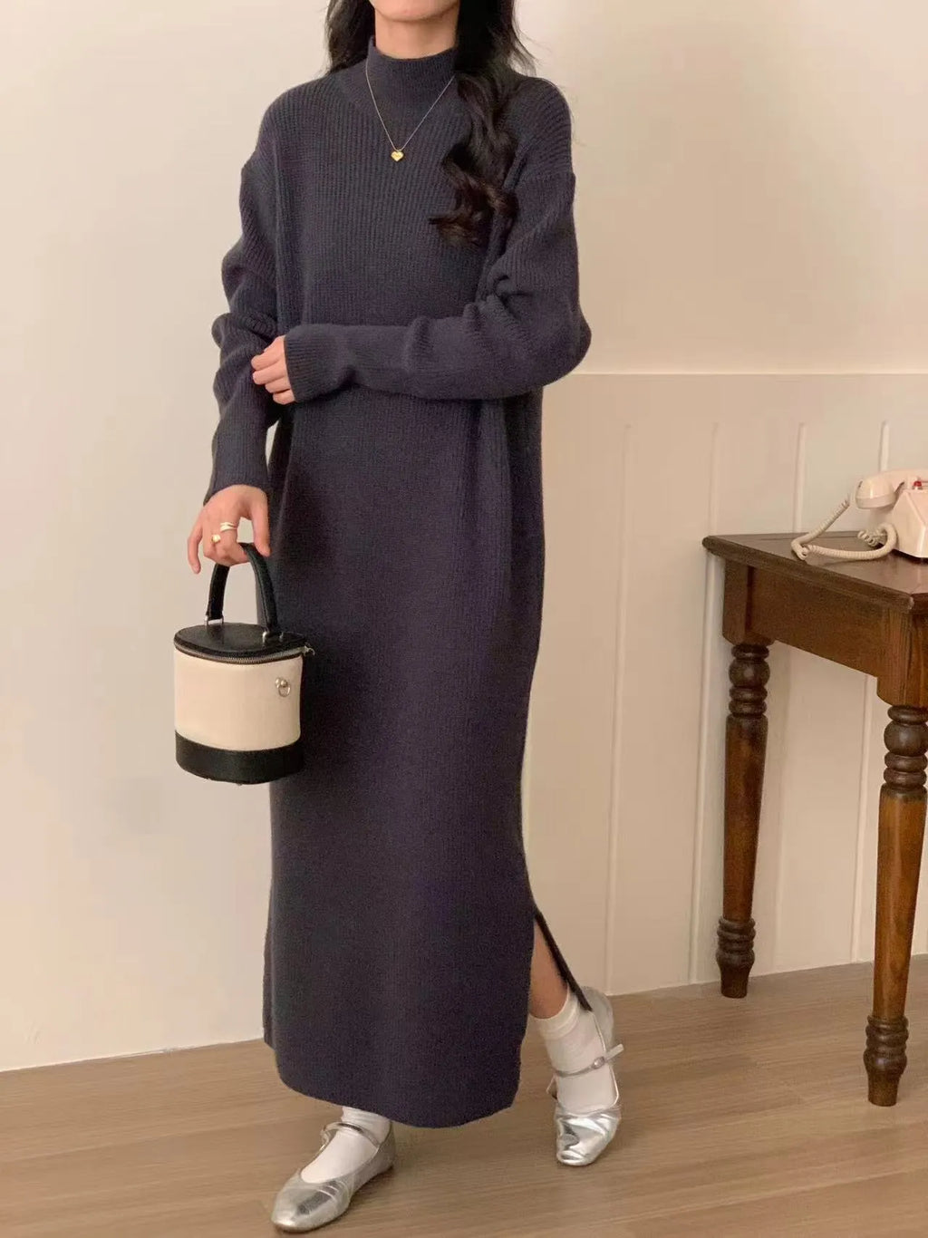 Acrylic knitted dress with half turtleneck, high waist, and mid-length skirt in five colour options