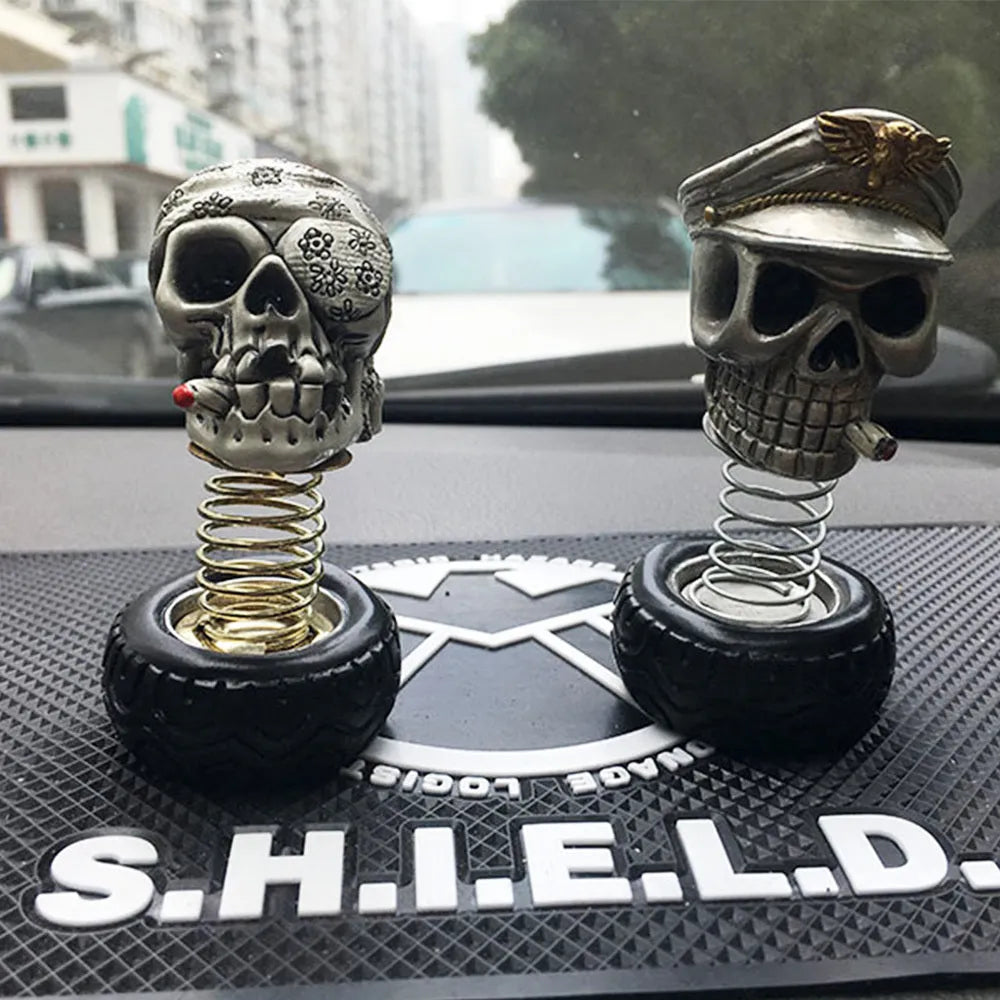 Resin skull car interior decoration with shake-head design, military cap style
