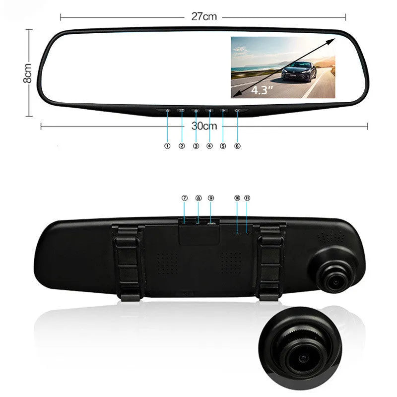 Black car driving recorder with 4.3-inch rearview mirror display, dual lens, 170° angle and 8MP night vision