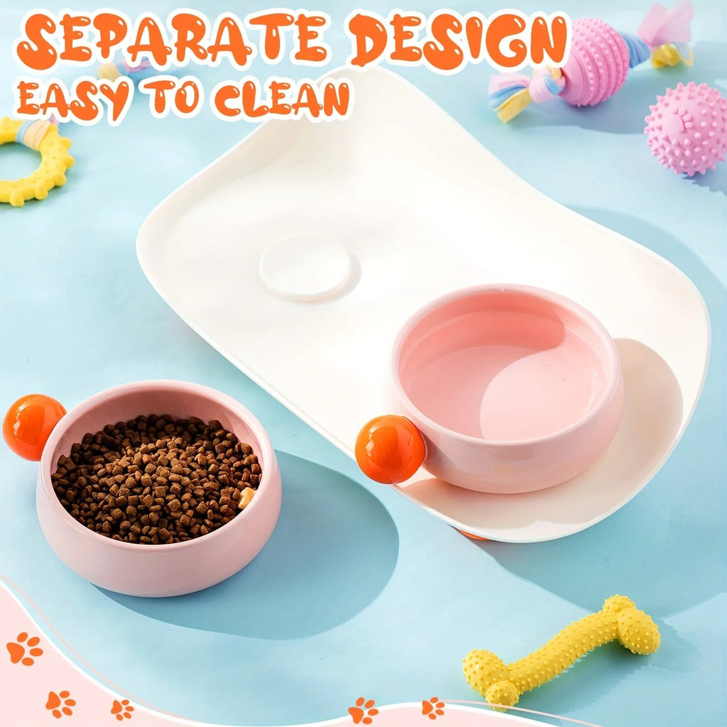 Elevated ceramic double bowl set for cats and small pets with non-slip base in pink, yellow or mixed colours