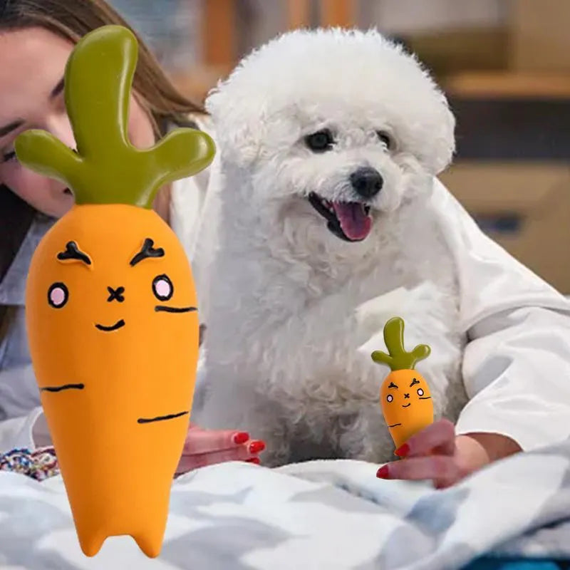 Latex vegetable dog chew toy in green, orange and purple cartoon designs for dental hygiene