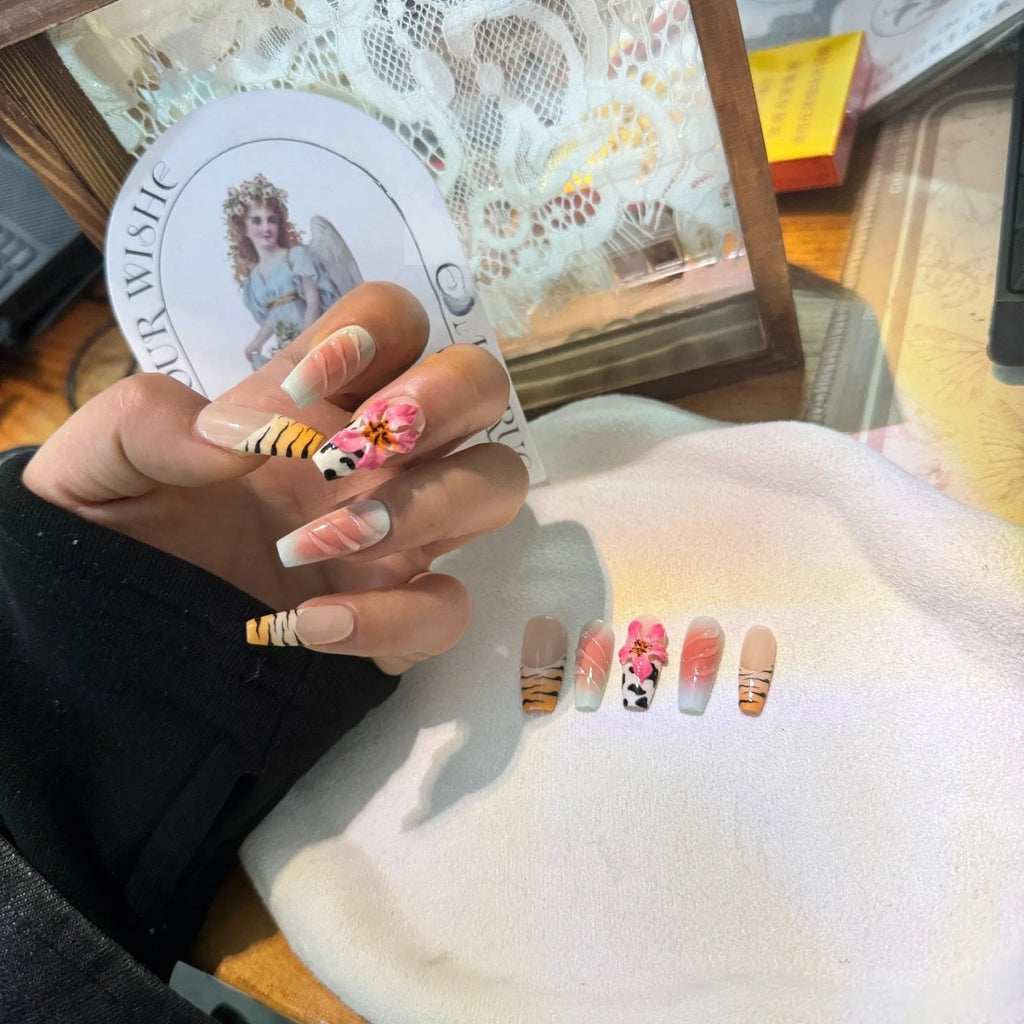 Zebra pattern lily hand carving nail art with embossed flower and leopard print designs