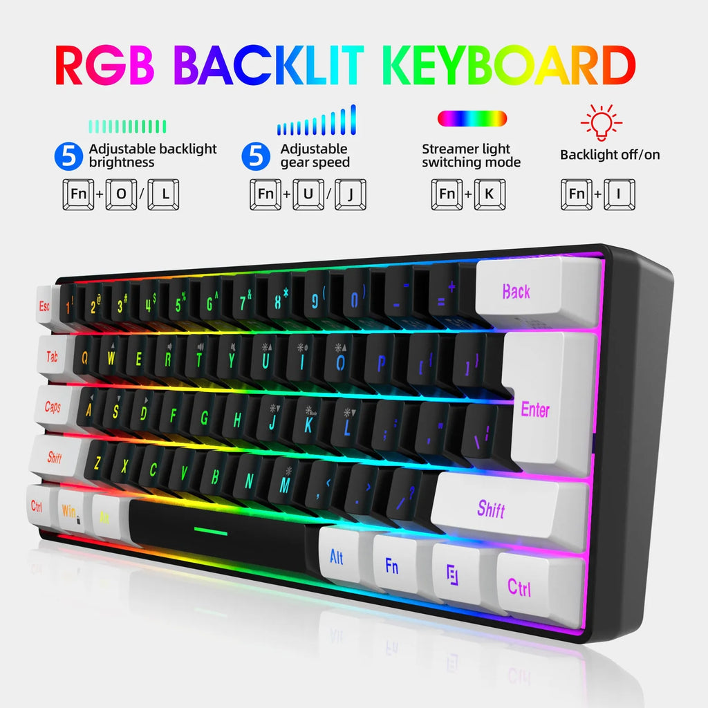 White and black gaming keyboard and mouse combo with colour backlight on a desk.