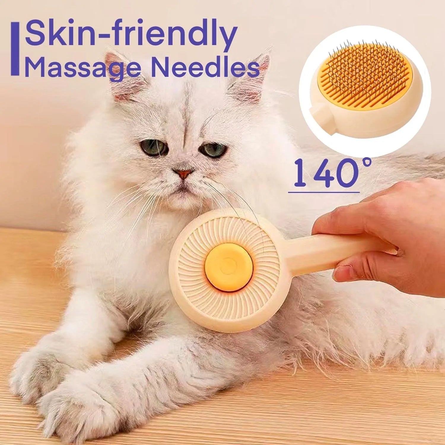 Blue self-cleaning pet grooming brush with angled metal needles and massage particles