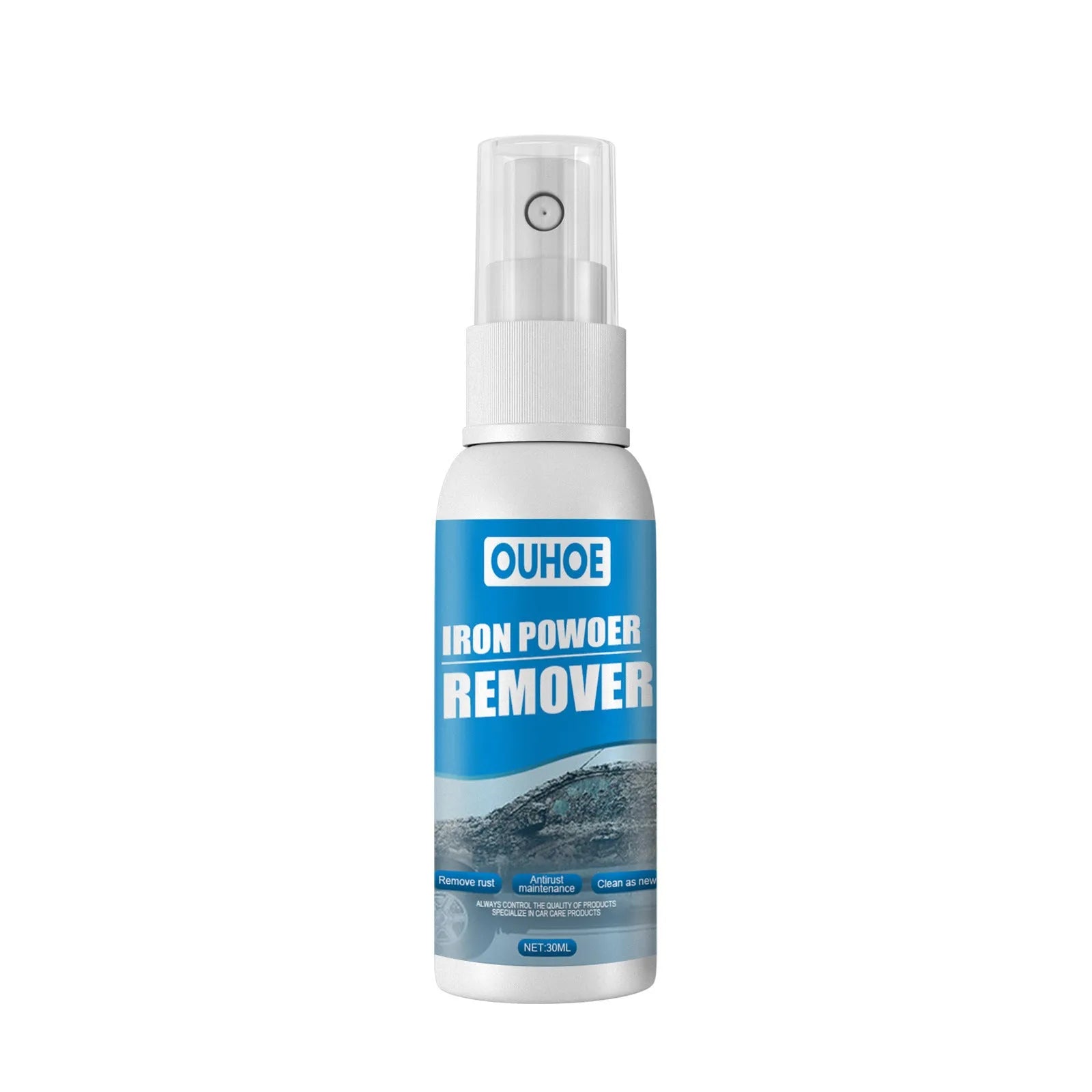 Car iron remover spray bottle in 30ml and 100ml sizes with blue square sponge applicator