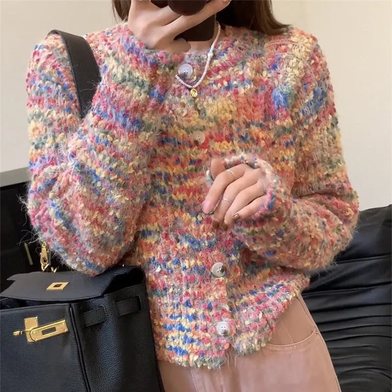 Retro rainbow patterned knitted cardigan sweater in green or pink ice cream colours with slim fit design