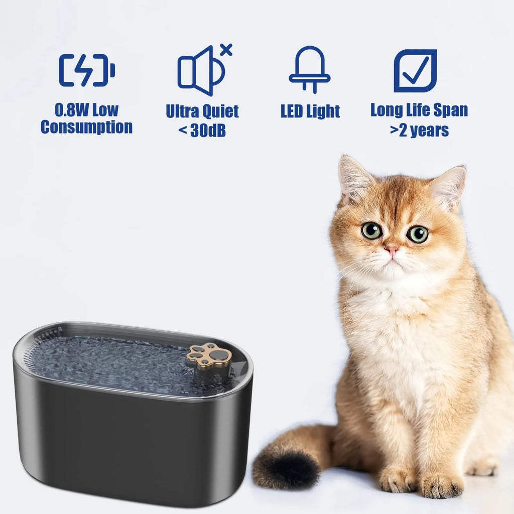 Berlin blue automatic pet water fountain with filter on a kitchen floor.