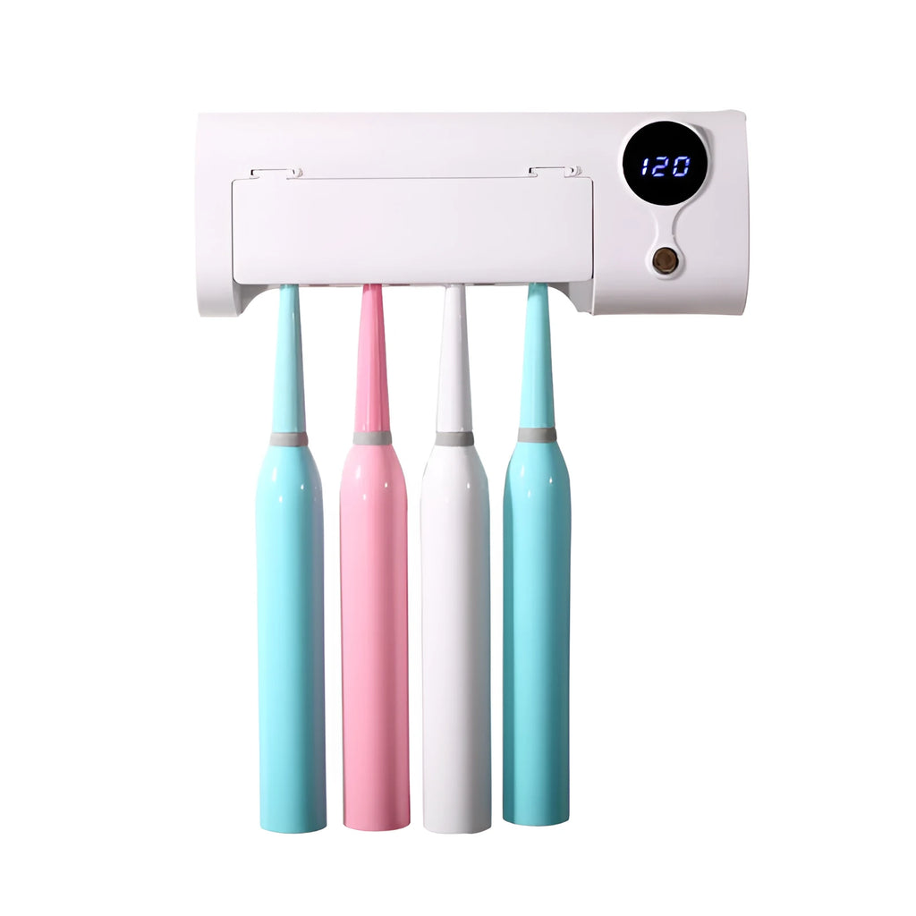 White wall-mounted smart toothbrush steriliser with USB charging port and control button for UV disinfection
