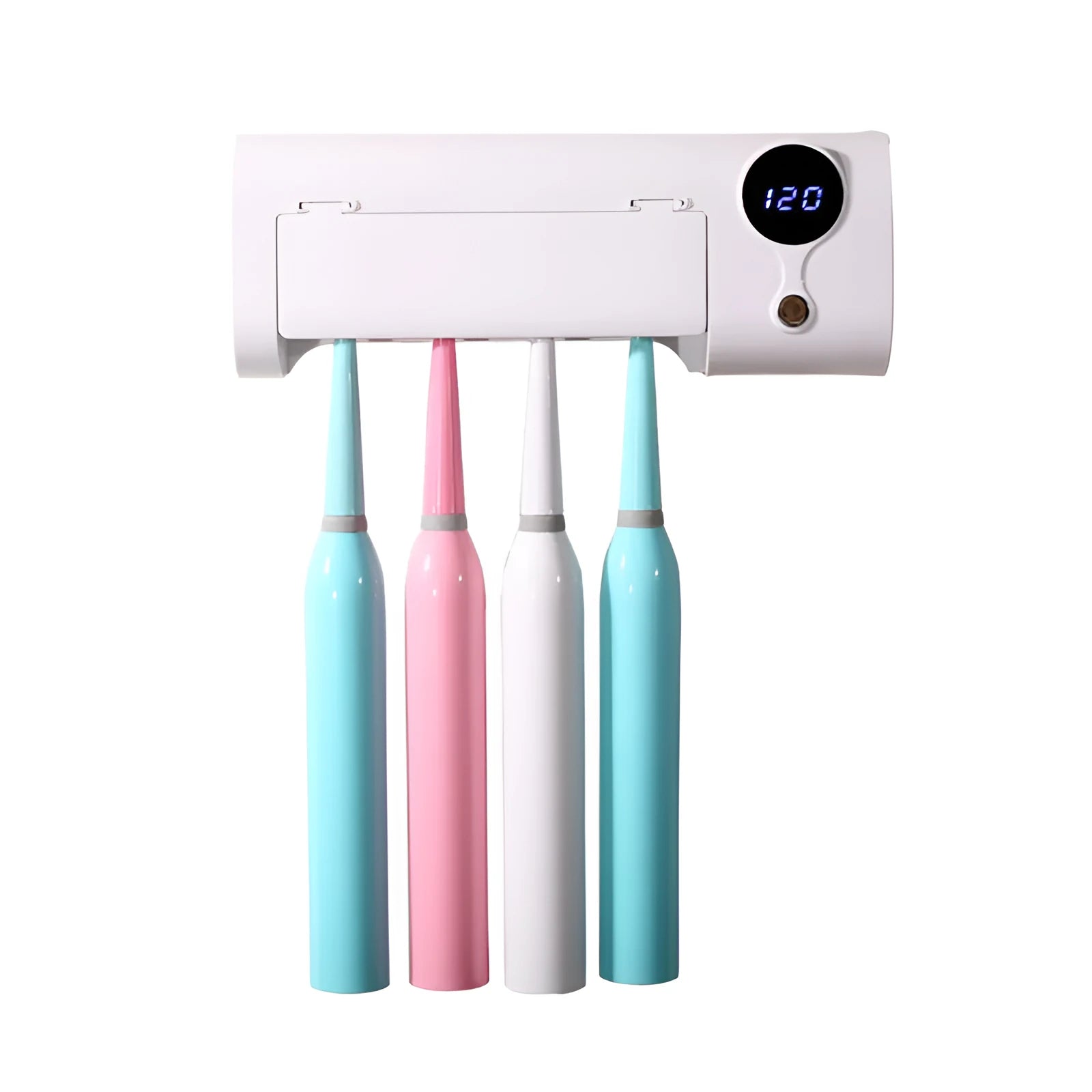 White wall-mounted smart toothbrush steriliser with USB charging port and control button for UV disinfection