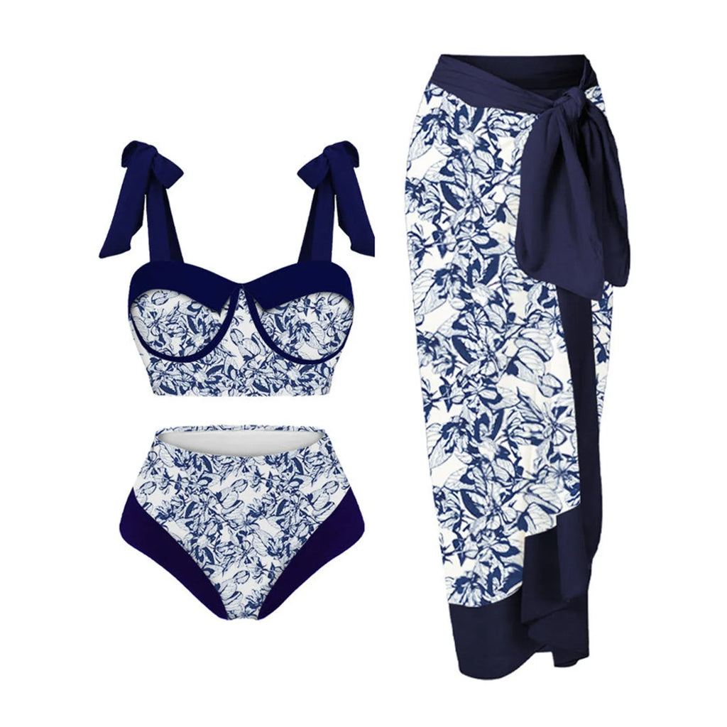 Women's printed split swimsuit three-piece set showing skirt, bra and panties in polyester fabric