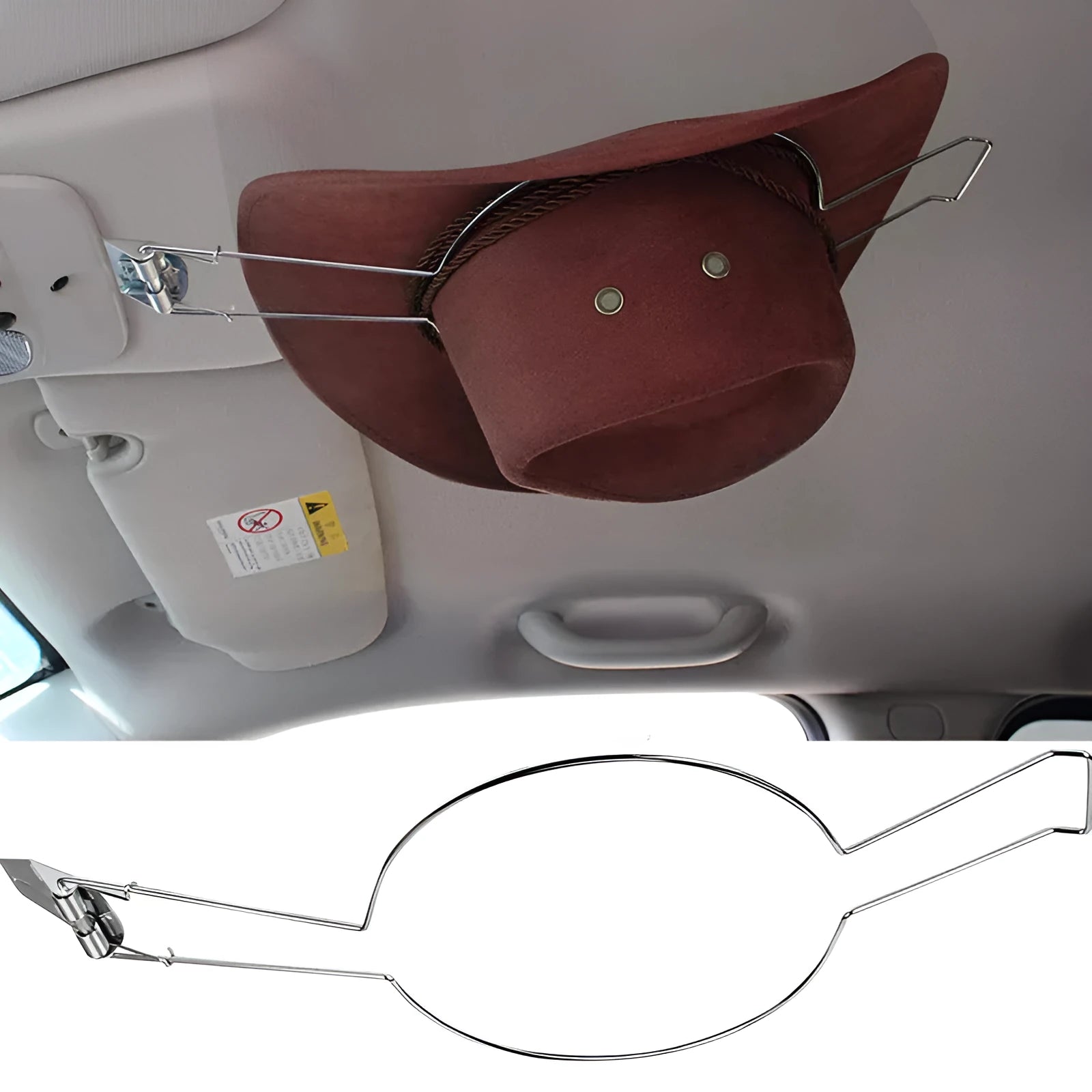 Brown chrome-plated metal car hat stand with single hook for vehicle interior organisation