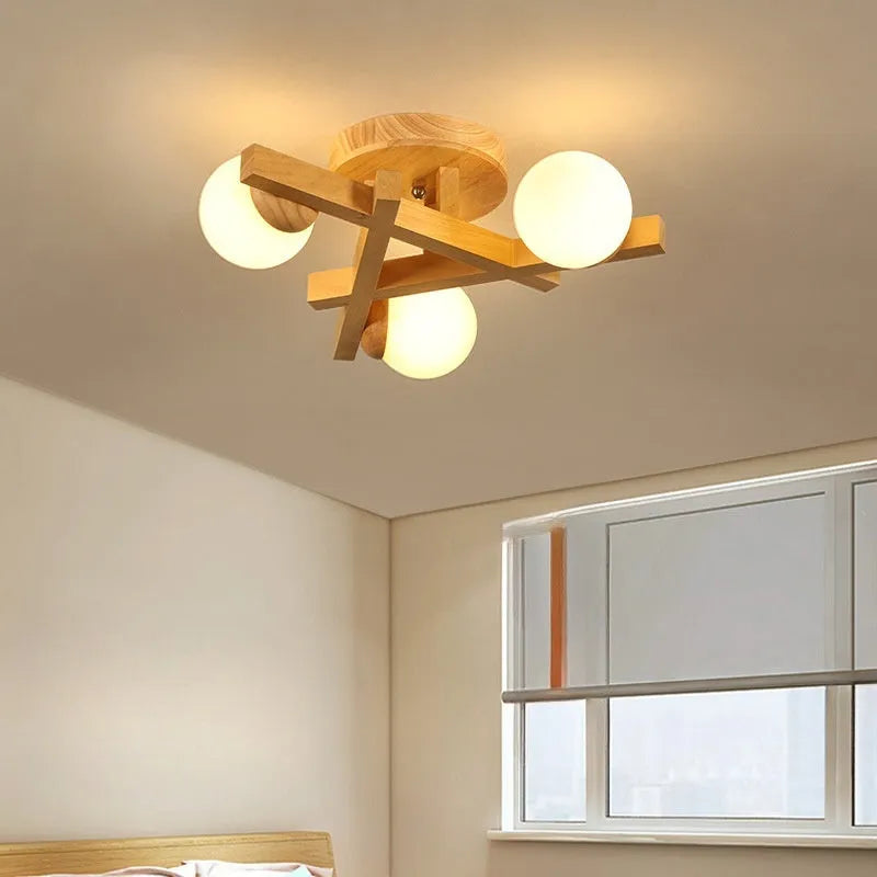 Modern wooden style ceiling lamp with three adjustable light heads emitting neutral white illumination