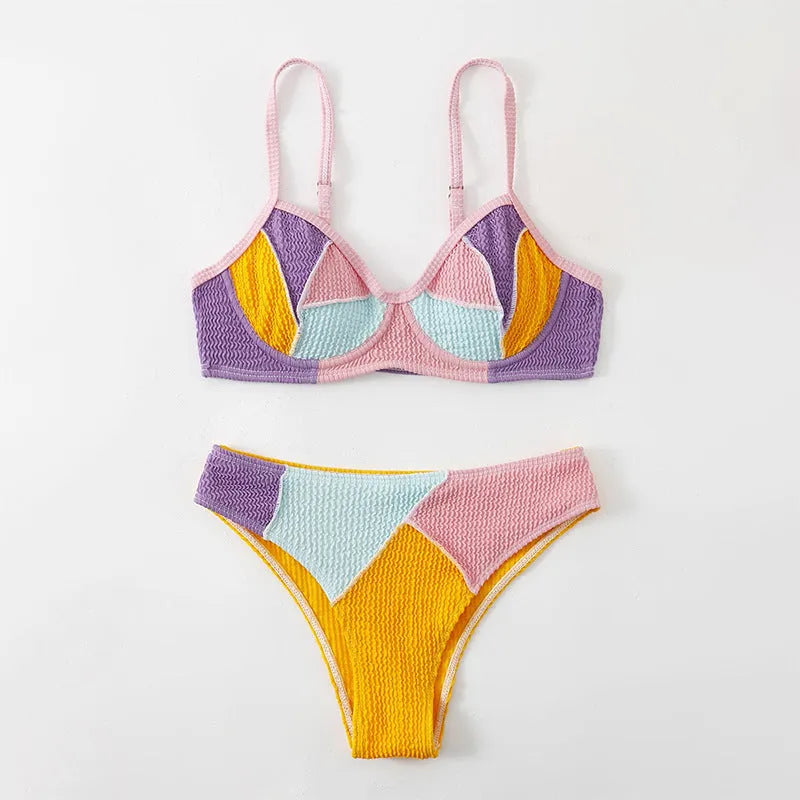 Ladies polyester bikini set with steel bracket push-up top and matching shorts in coordinating colours