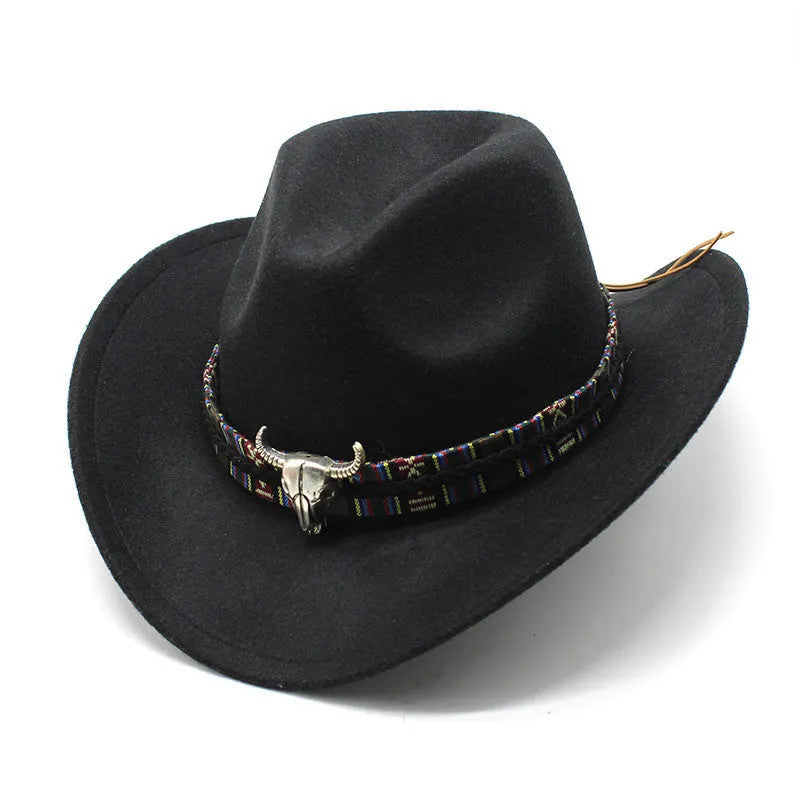 A wool felt western cowboy hat with a bell crown, shown in one of fourteen available colours including army green, black, or wine red.