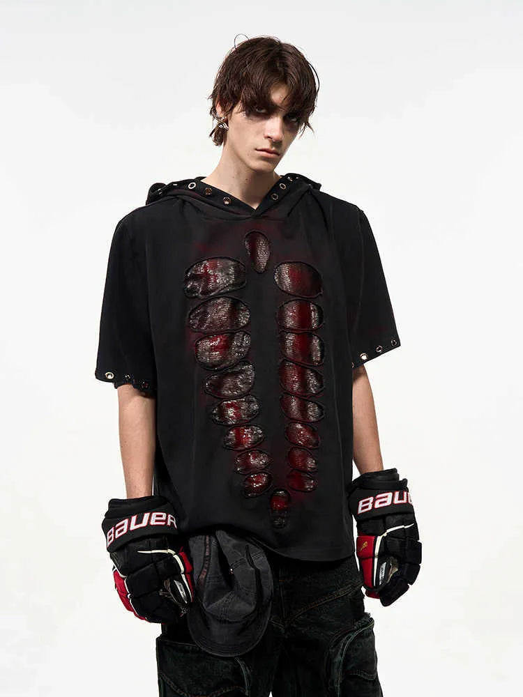 Black men's hooded t-shirt with cut sequin detailing and short sleeves in loose fit