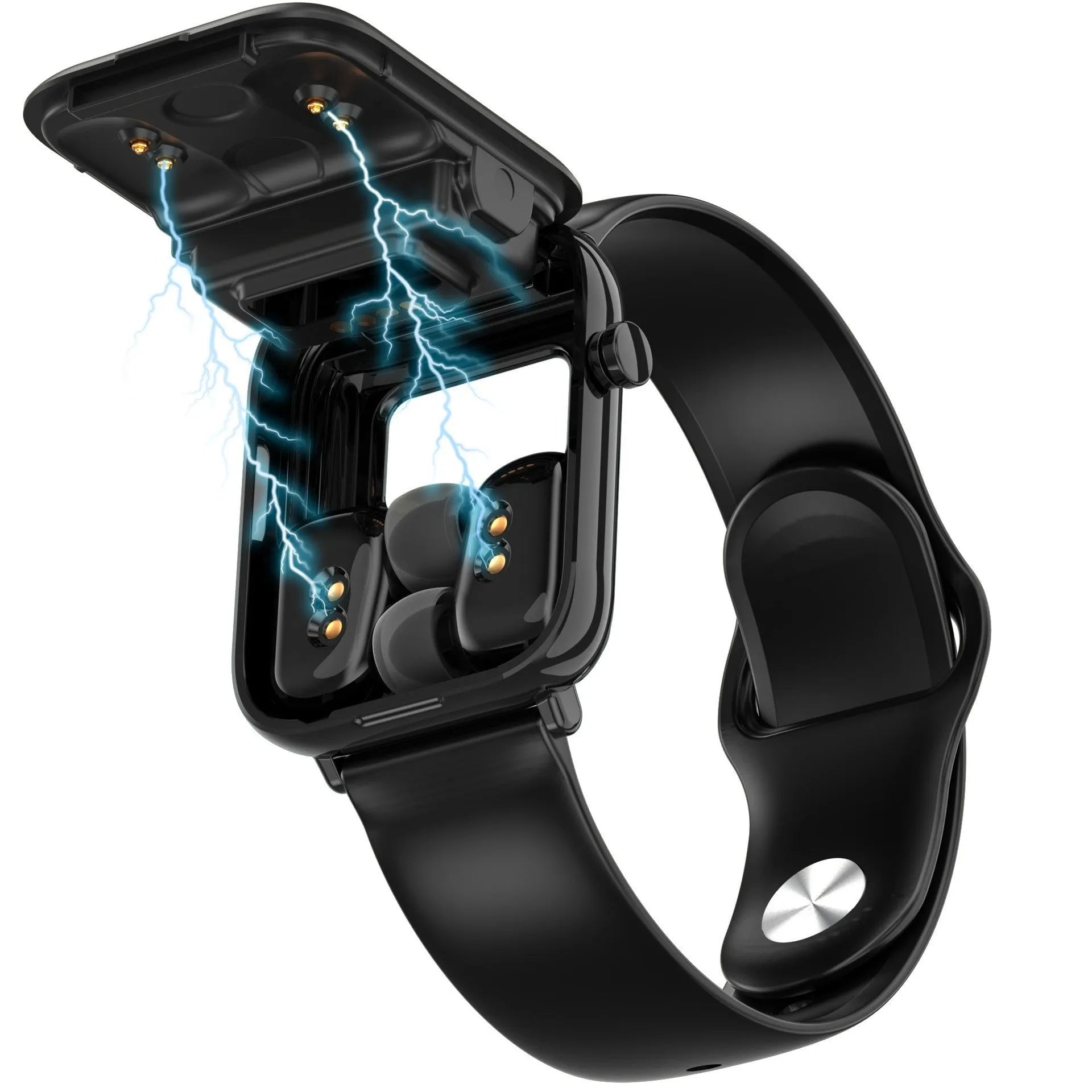 Black all-touch smart watch body with zinc alloy frame and 1.69 inch screen showing fitness data