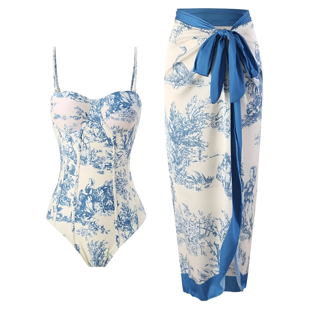 Blue floral pattern women's one-piece swimsuit with separate gauze skirt