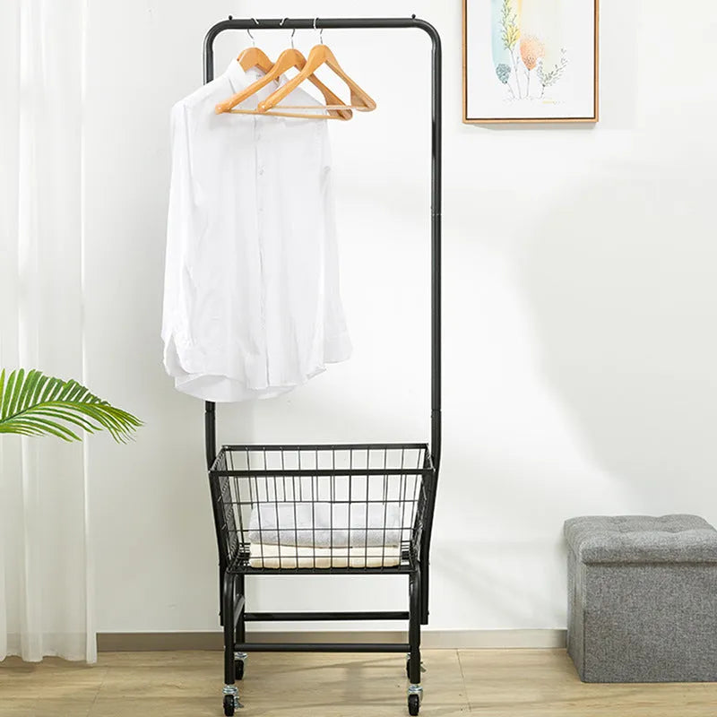 Movable clothes hanger storage car with iron construction and pulley system in white colour