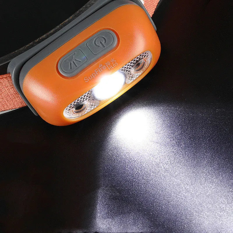 Multifunctional head-mounted night fishing light with hand pressure charger, black colour, PVC housing, 5W LED