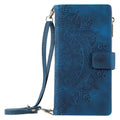 Multi-card embossed totem PU leather zipper bag phone case for iPhone, flip style, black, with card slots and zipper compartment.