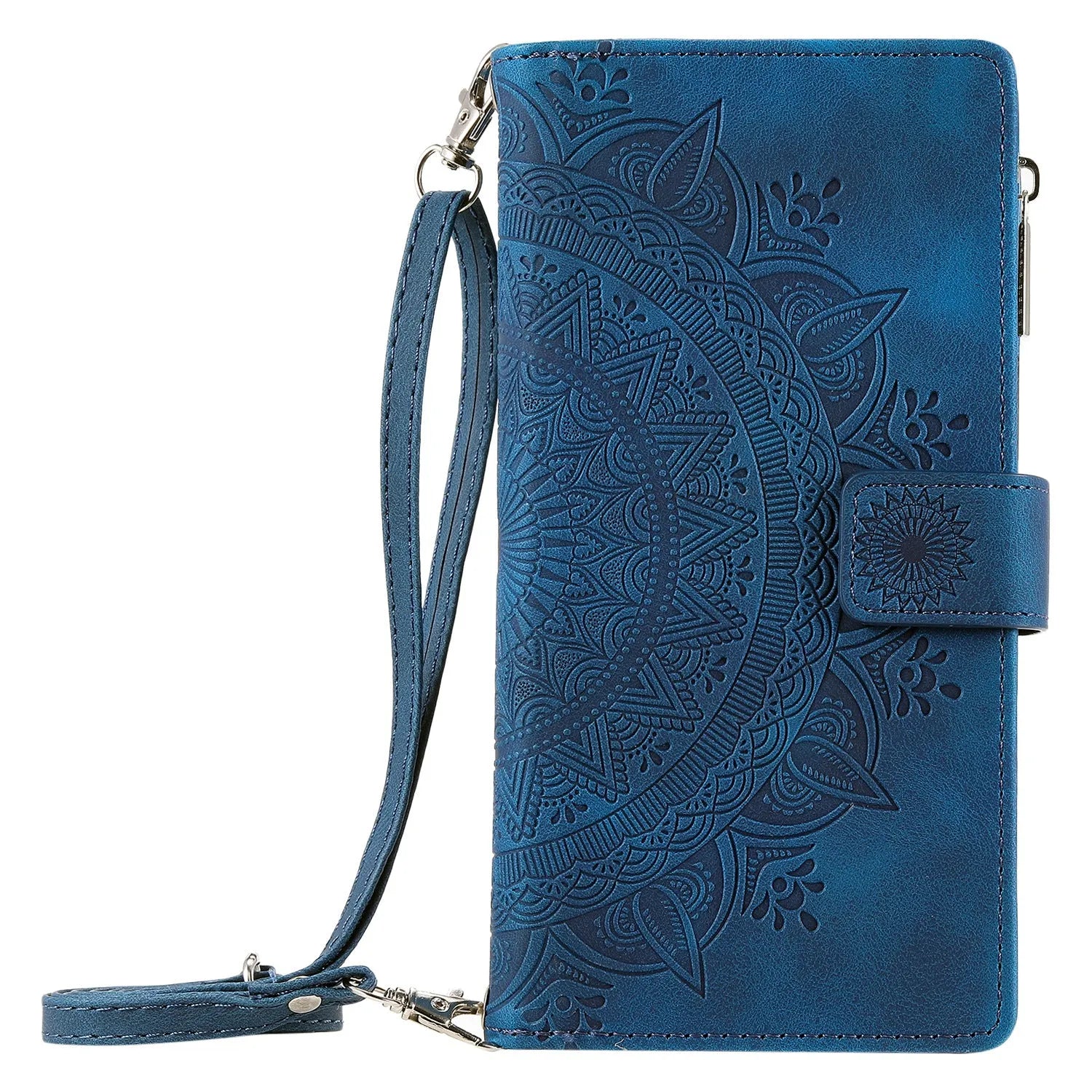 Multi-card embossed totem PU leather zipper bag phone case for iPhone, flip style, black, with card slots and zipper compartment.