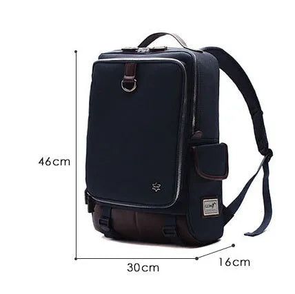 Large men's backpack in Oxford cloth, shown in grey, with dimensions 30cm by 16cm by 46cm.
