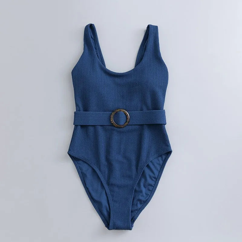 Navy blue women's one-piece swimsuit with triangle slimming shape and removable chest pads