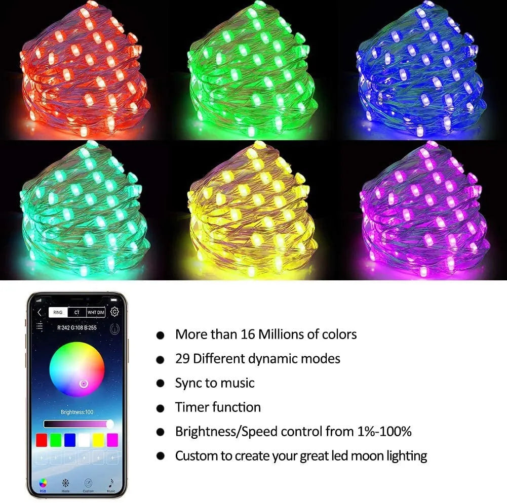 Bluetooth RGB LED Christmas tree light string 10 metres 100 beads IP65 outdoor