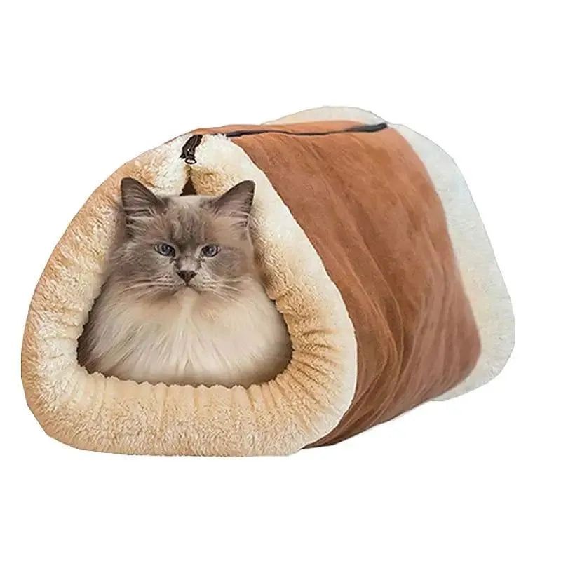Foldable brown fleece pet bed tunnel mat for cats and dogs with thermo-reflective lining