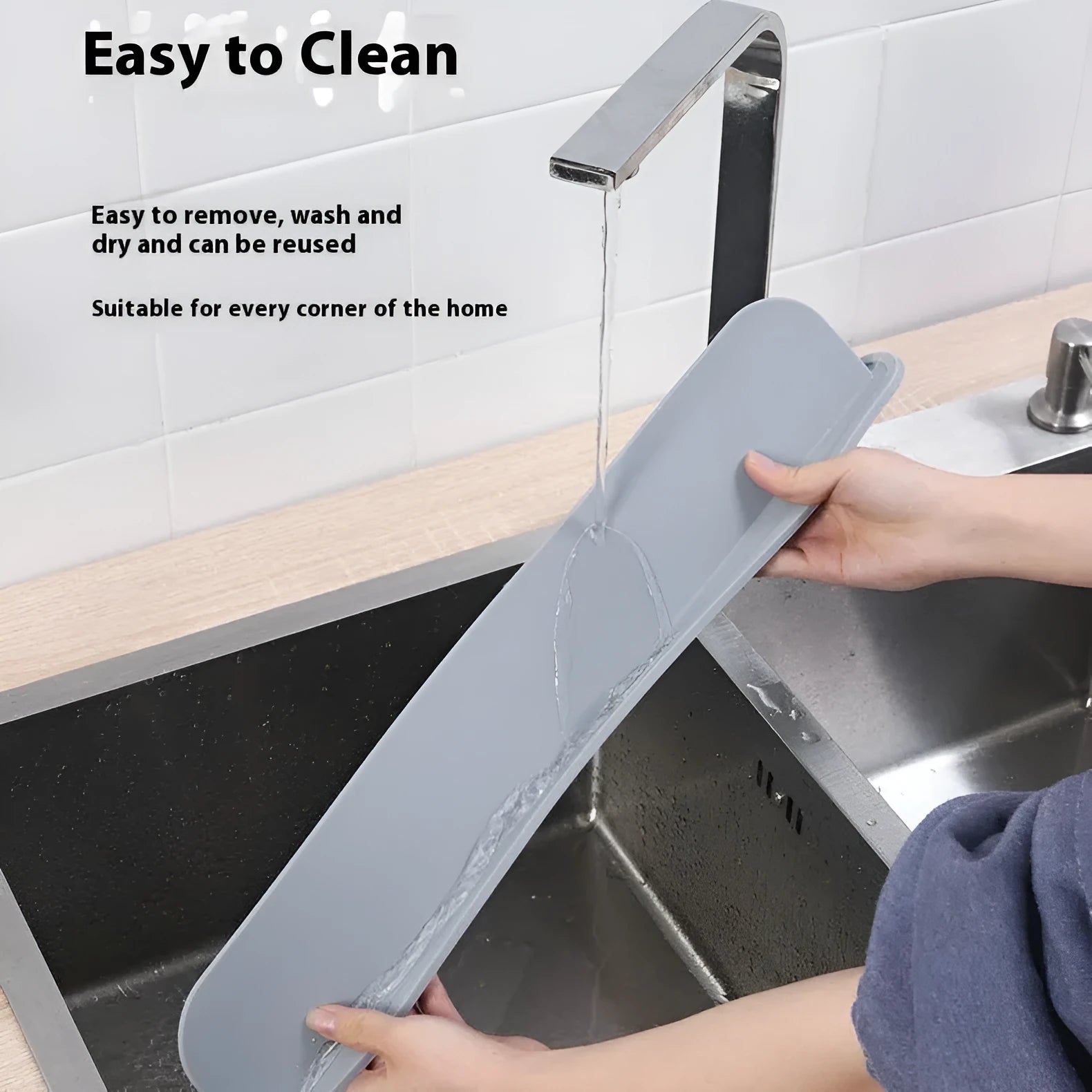 Grey silicone kitchen sink water blocking plate showing dimensions and thickness