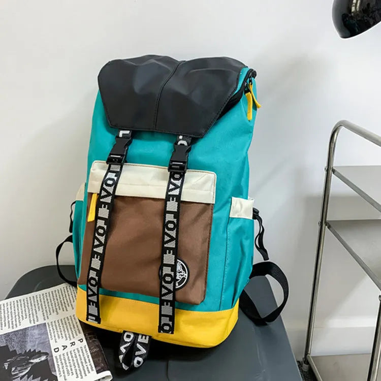 Oxford cloth backpack showing three carrying methods: handheld, shoulder, and backpack style
