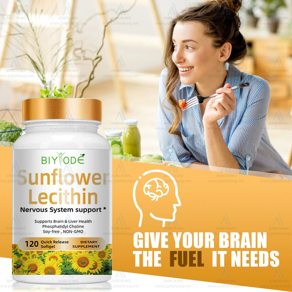 Bottle of 120 sunflower lecithin softgel capsules for daily supplement use