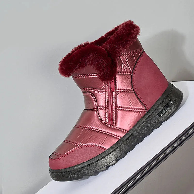 Winter thick plush snow boots with side zipper for women, high top platform, fur upper, round toe, black