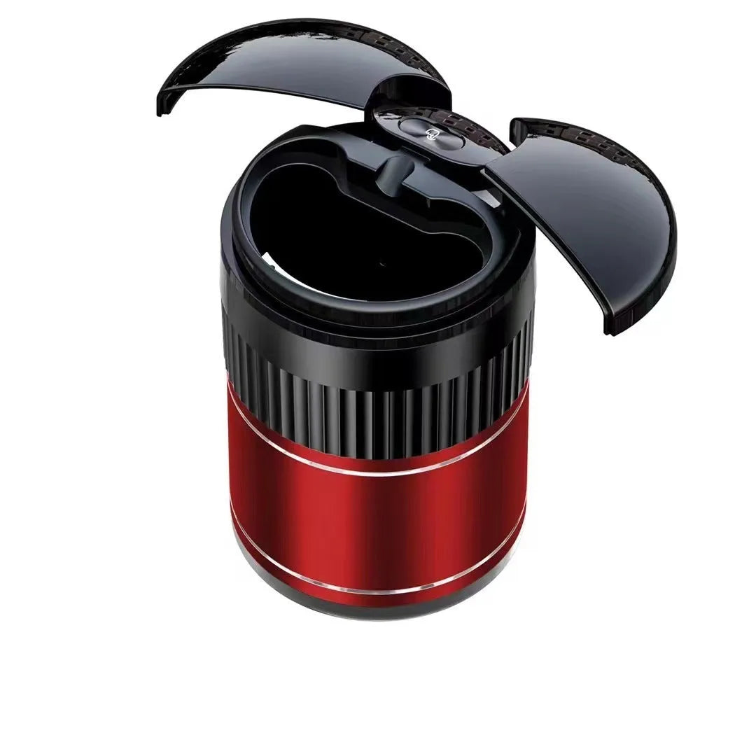 Compact metal smart car ashtray with lid in choice of colours for vehicle and home use.