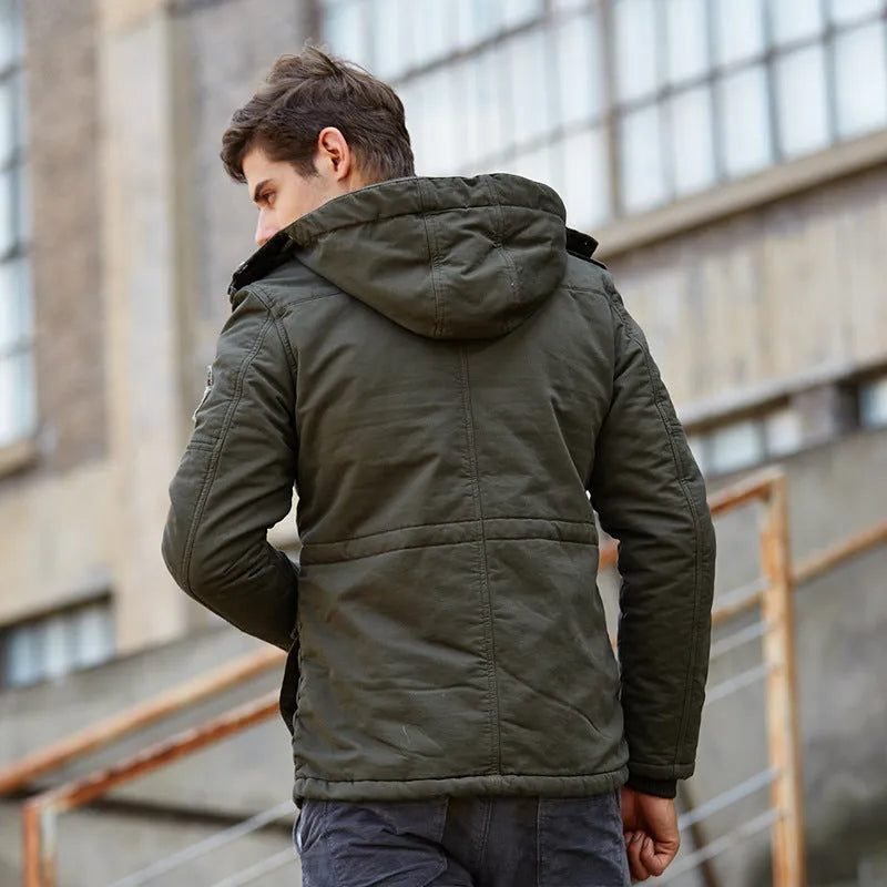 Casual men's cotton hooded winter jacket in khaki with zip placket and medium-length cut