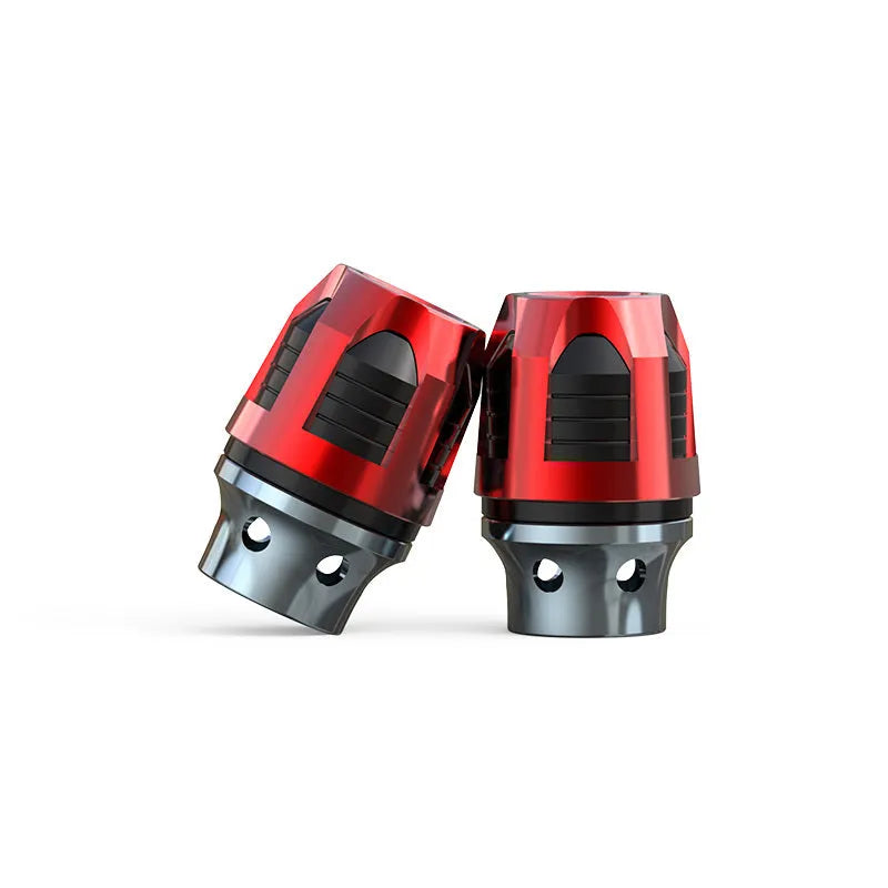 A pair of anodised aluminium fork cups for motorcycle or electric car front axles, shown in a selection of colours.