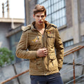 Casual men's cotton hooded winter jacket in khaki with zip placket and medium-length cut