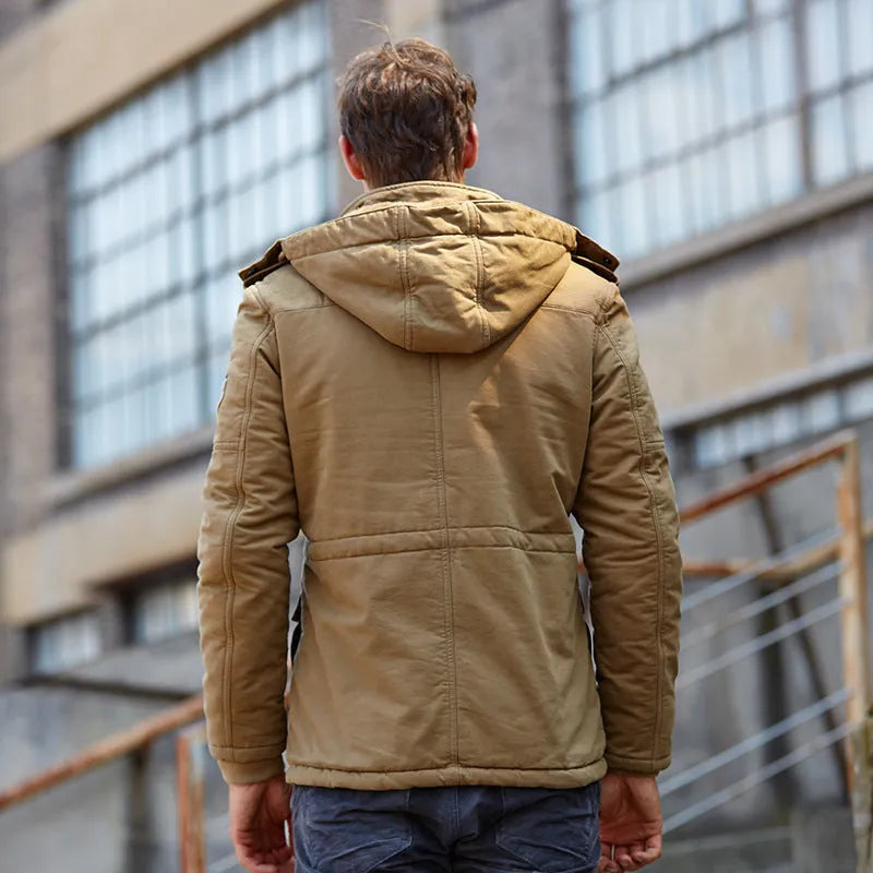 Casual men's cotton hooded winter jacket in khaki with zip placket and medium-length cut