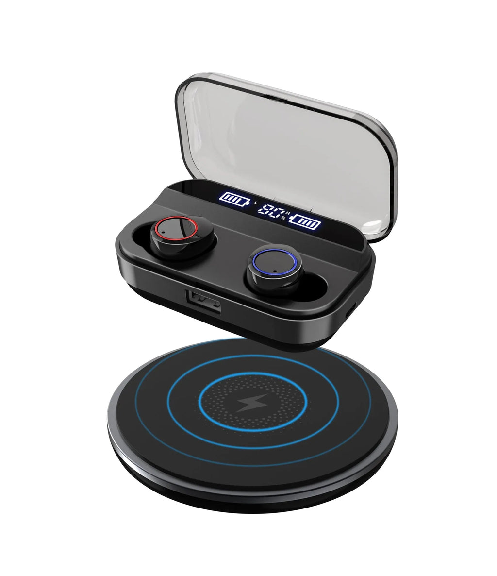 Black X11 Bluetooth wireless earbuds with a matching charging case and assorted silicone ear tips.