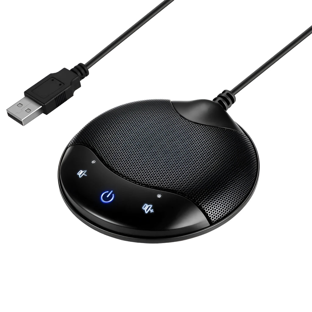 Black USB condenser desktop microphone for conference calls and gaming voice chat