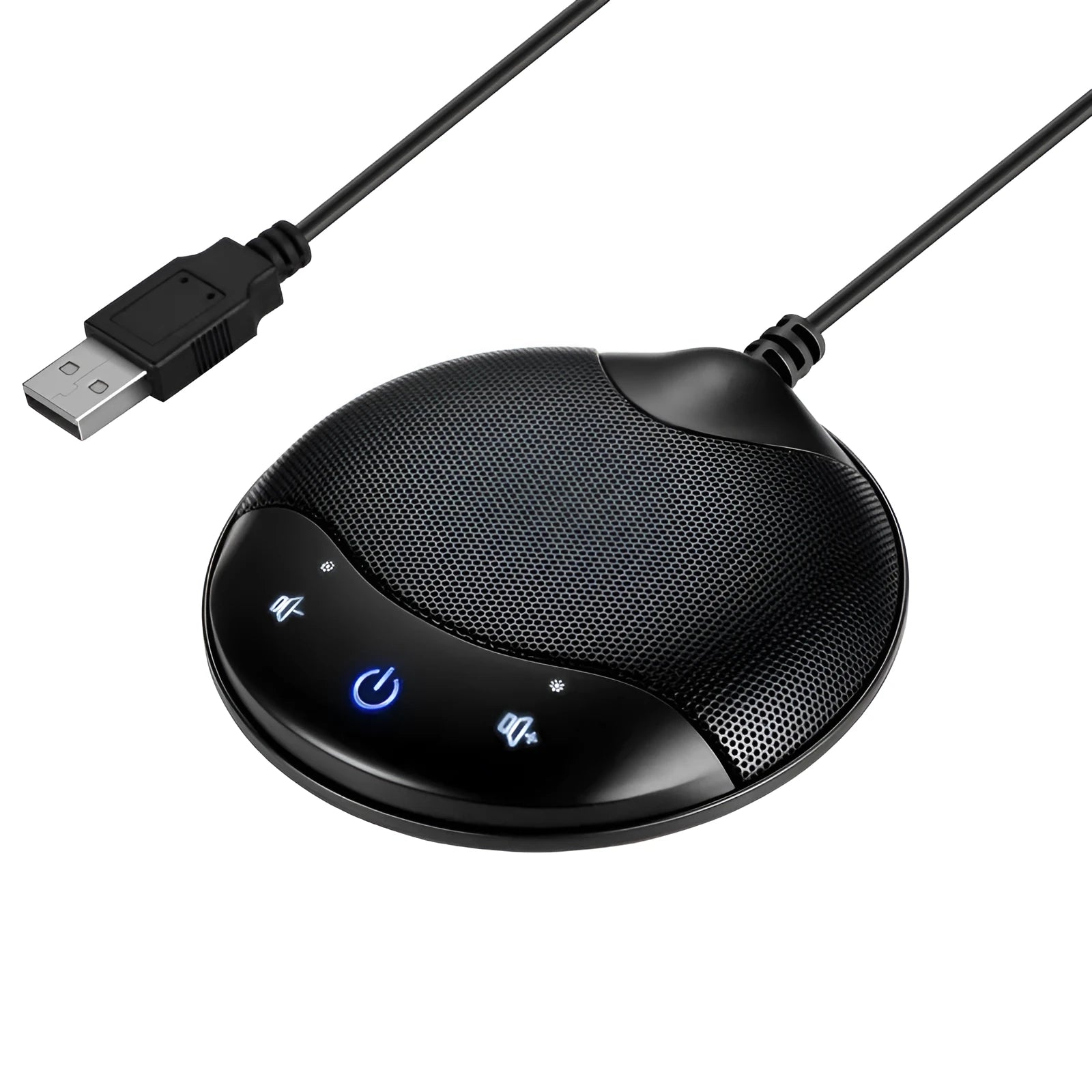 Black USB condenser desktop microphone for conference calls and gaming voice chat