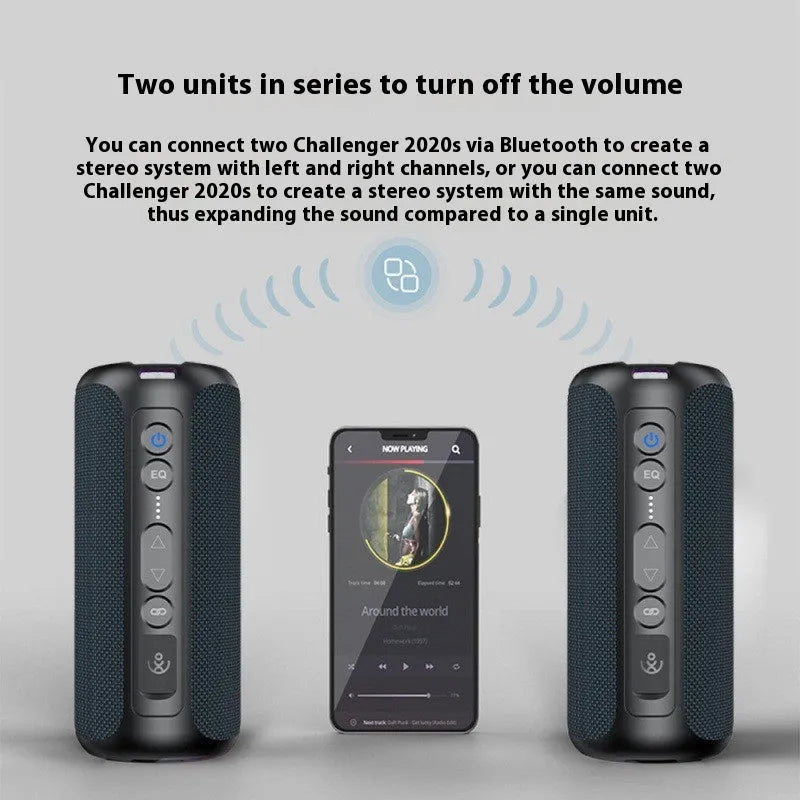 Black plastic portable Bluetooth speaker 50W with Type-C port, 80x80x180mm, on a flat surface