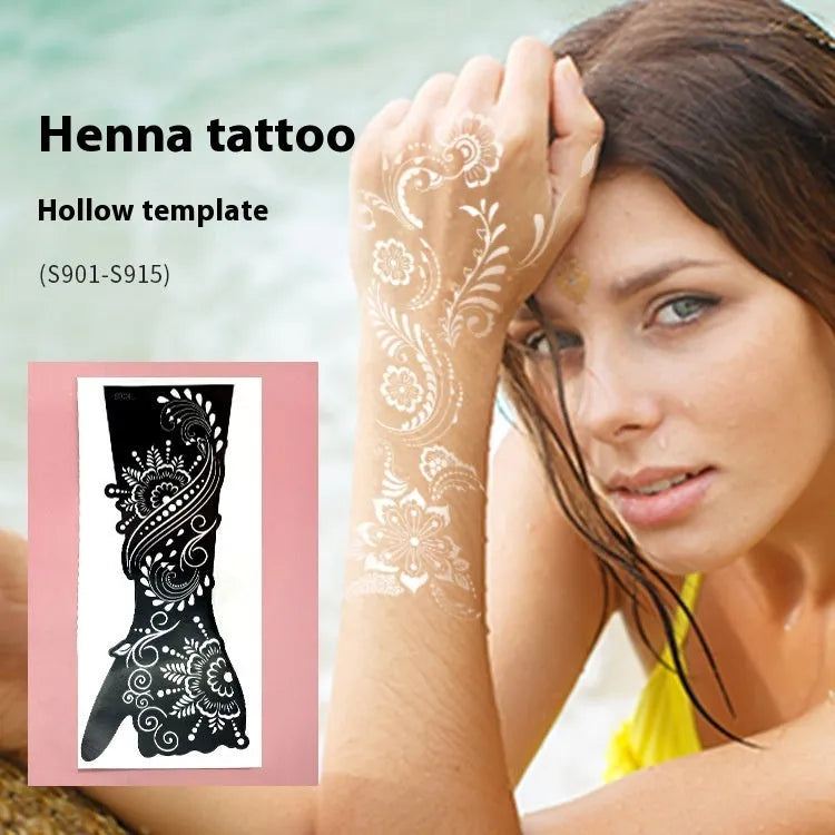 Pack of geometric hollow paper tattoo template stickers showing intricate cut-out patterns.