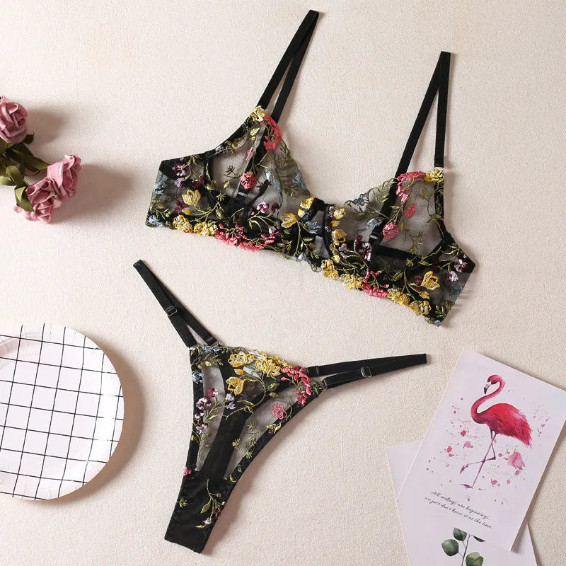 Floral patterned mesh bra and underwear set with a steel ring detail on the bra, shown in purple.