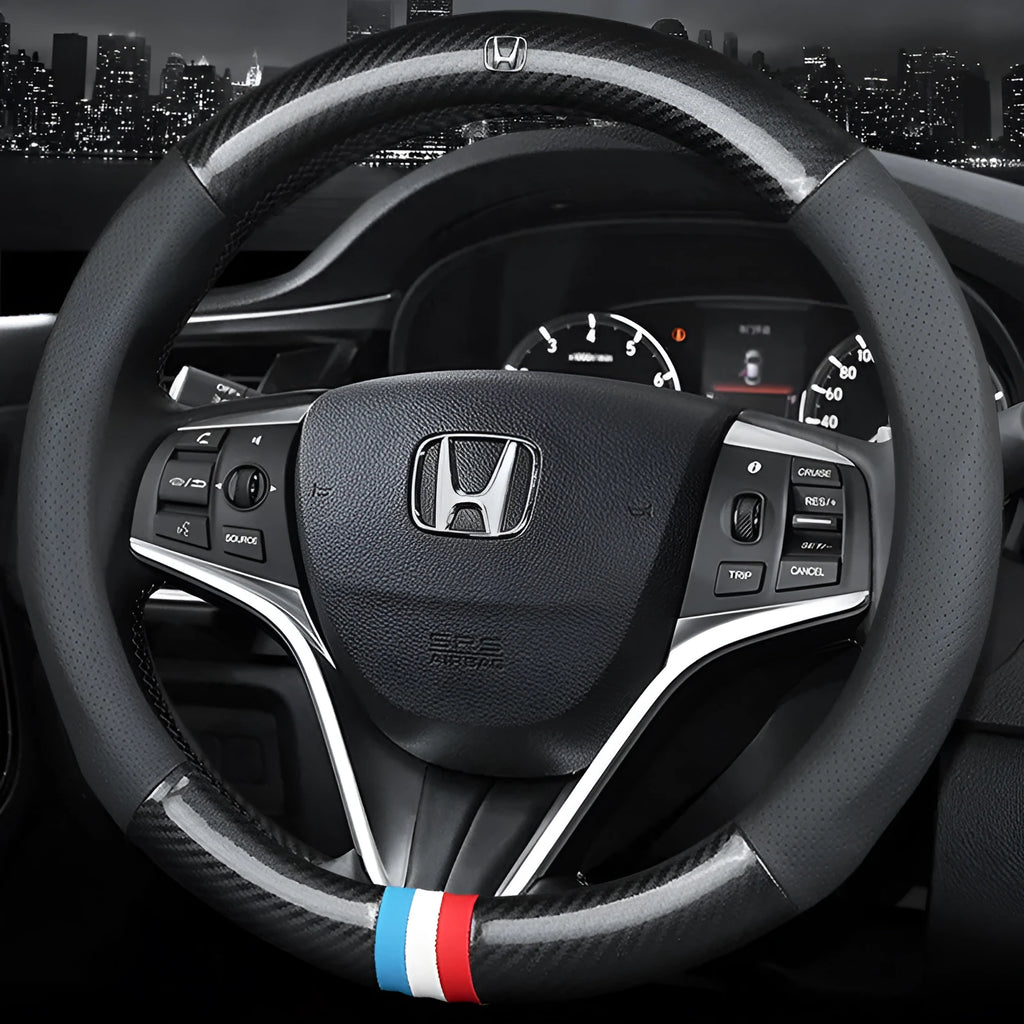 Universal 38cm leather carbon fiber steering wheel cover in mirror black with hole option