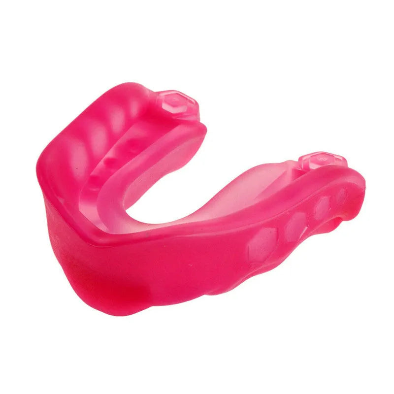 Silicone mouth guard in pink with transparent lockable storage box